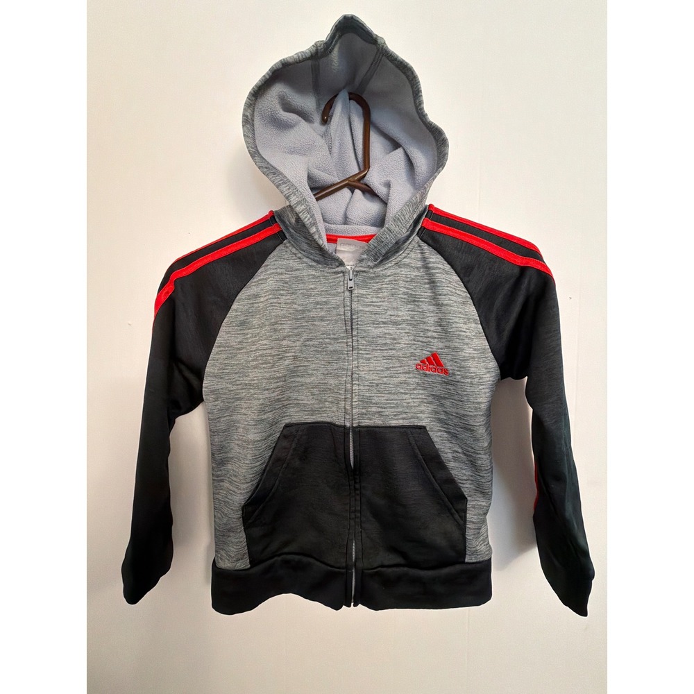 Adidas Full Zip Hoodie Boys Size 5 Grey Black Red Sporty 3-Stripe Fleece Lined